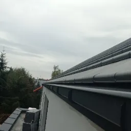 Czarny dach z dachówki ceramicznej, widok z dołu pod kątem, rynna wzdłuż ściany budynku, drzewa w tle, pochmurne niebo.