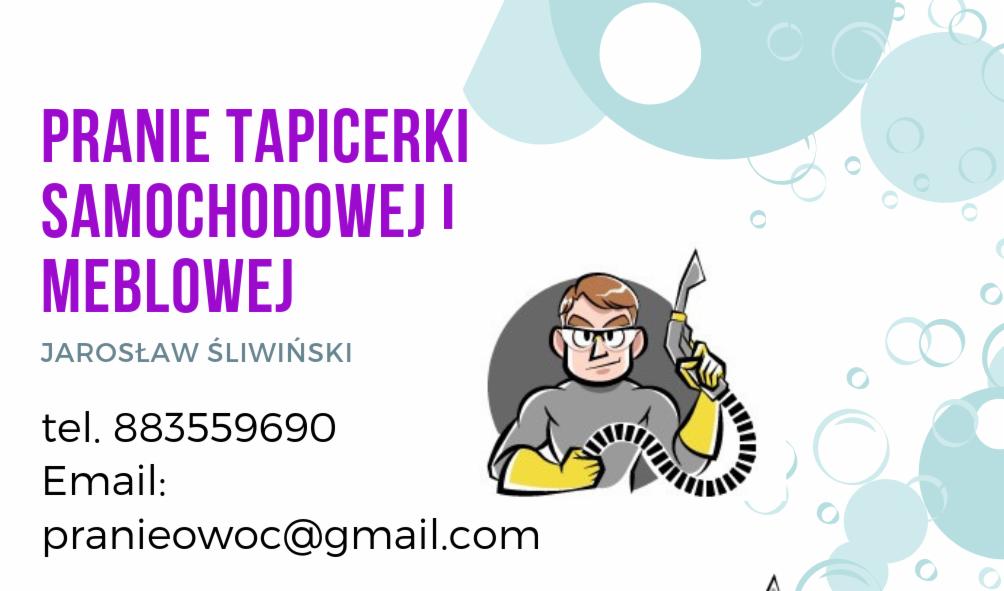 Grafika reklamowa z fioletowym tekstem o czyszczeniu tapicerki samochodowej i meblowej, nazwiskiem Jarosław Śliwiński, numerem telefonu i adresem email, obok rysunkowa postać z urządzeniem...
