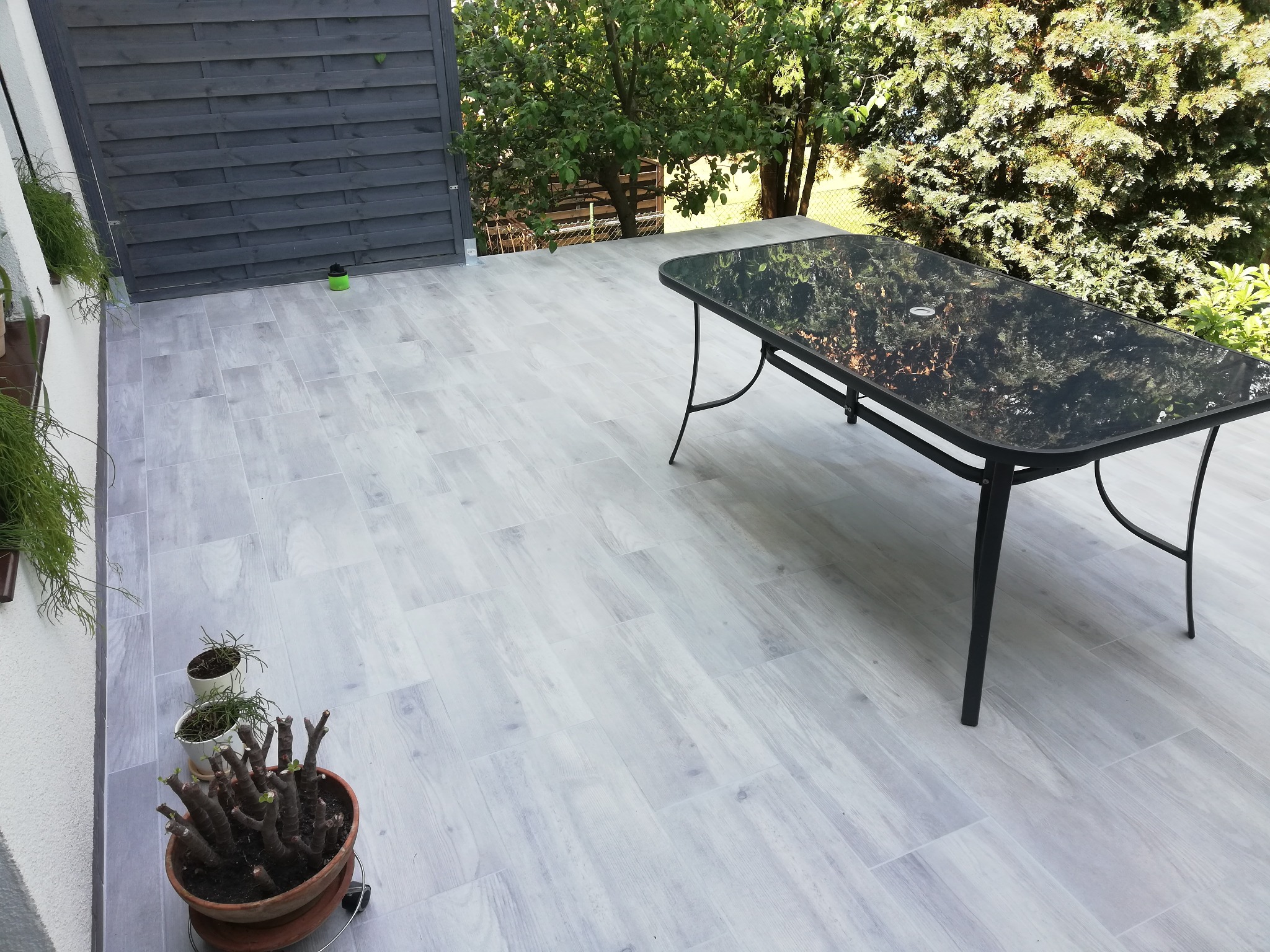 Jasnoszary taras z płyt imitujących drewno, czarny stół z szklanym blatem, doniczki z roślinami, szara drewniana ściana i zieleń drzew w tle.