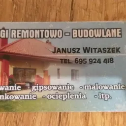 Wizytówka firmy remontowo-budowlanej Janusz Witaszek z ilustracją domu, oferującej usługi murowania, gipsowania, malowania, tynkowania i ocieplenia.