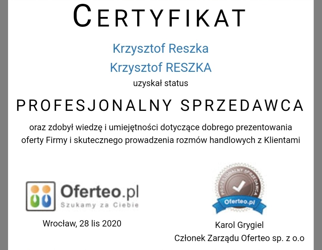 Skan certyfikatu Oferteo.pl dla Krzysztofa Reszki, potwierdzający status Profesjonalnego Sprzedawcy, wydany 28 listopada 2020 we Wrocławiu.