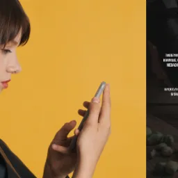 Kobieta w profilu spogląda na smartfon trzymany w dłoniach, żółte tło, po prawej stronie tekst o social mediach i logo firmy nad napisem social media.