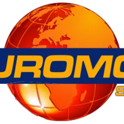 Logo firmy EUROMOT SP z O.O. na tle stylizowanej, pomarańczowej kuli ziemskiej z kontynentami.