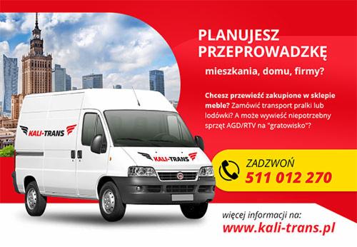 Biały bus firmy Kali-Trans na tle panoramy Warszawy, reklama usług przeprowadzkowych z numerem telefonu i adresem strony internetowej.
