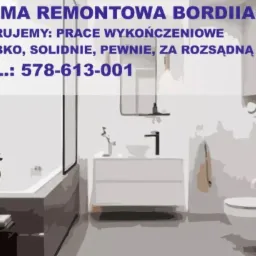Grafika reklamowa firmy remontowej Bordiian z wizualizacją wyremontowanej łazienki w odcieniach szarości i bieli, z czarną armaturą, umieszczona na białym tle.