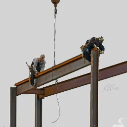Dwóch pracowników budowlanych na wysokościach montuje stalową konstrukcję, jeden z nich używa szlifierki, konstrukcja podnoszona jest przez żuraw.