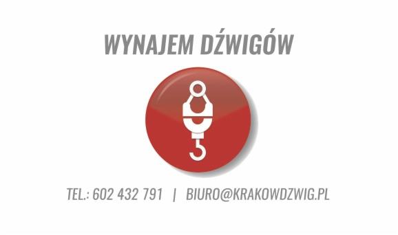 Grafika reklamowa firmy oferującej wynajem urządzeń dźwigowych, z ikoną haka dźwigu w czerwonym kole, tekstem 'WYNAJEM DŹWIGÓW' oraz danymi kontaktowymi: numer telefonu i adres e-mail.