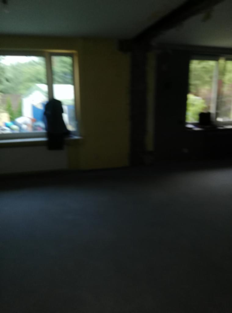 Wnętrze w trakcie prac remontowych: surowe ściany, okna z widokiem na zieleń, ciemna podłoga i widoczne elementy konstrukcyjne stropu.