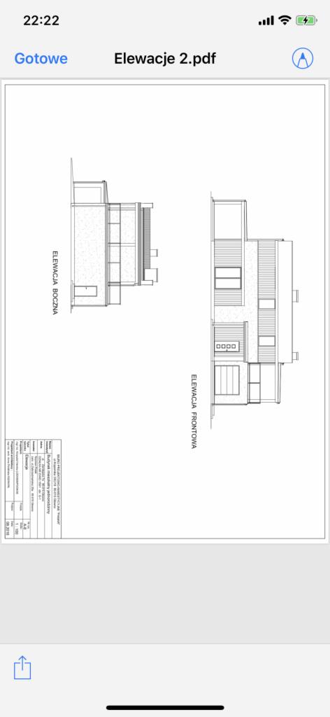 Skan dokumentu z rysunkami technicznymi elewacji bocznej i frontowej budynku.