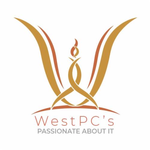 Logo firmy WestPC's z motywem płomienia i hasłem 'Passionate About IT' na białym tle.