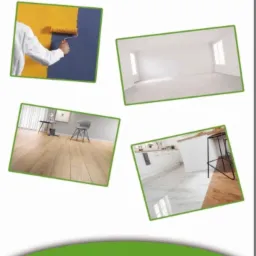 Kompozycja zdjęć przedstawiająca proces malowania ścian wałkiem na ż&oacute;łto i granatowo, puste białe pomieszczenie, drewnianą podłogę z minimalistycznym umeblowaniem oraz wykończoną kuchnię z białymi...