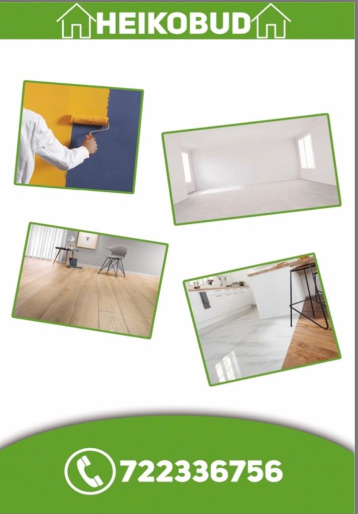 Kompozycja zdjęć przedstawiająca proces malowania ścian wałkiem na żółto i granatowo, puste białe pomieszczenie, drewnianą podłogę z minimalistycznym umeblowaniem oraz wykończoną kuchnię z białymi...