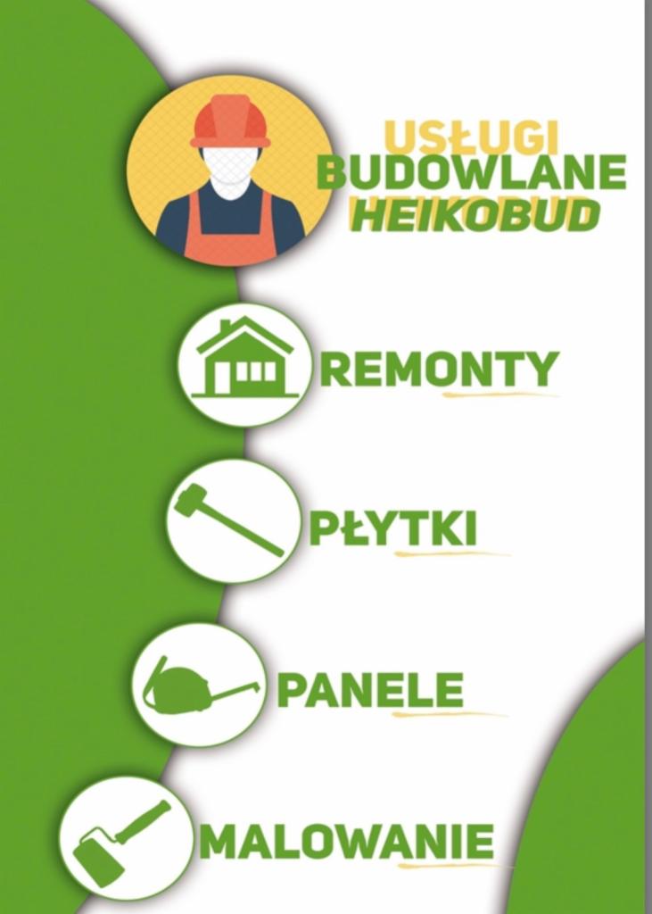 Grafika reklamowa firmy budowlanej Heikobud, prezentująca usługi: remonty, układanie płytek, montaż paneli i malowanie, z sylwetką pracownika budowlanego w kasku.