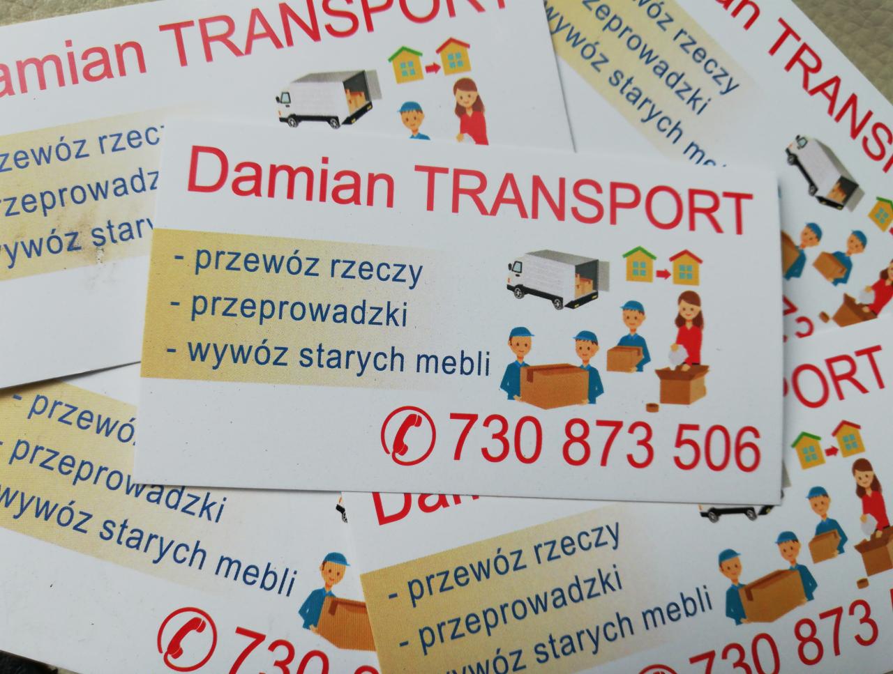 Wizytówki firmy transportowej z ikonografiką przedstawiającą transport mebli i numerem telefonu.