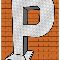 Grafika przedstawia trójwymiarową literę P w kolorze szarym, umieszczoną na tle ściany z cegieł. Litera ma wyraźne kontury i wydaje się być wykonana z betonu lub podobnego materiału.