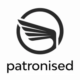 Czarno-białe logo z stylizowanym skrzydłem w okręgu i napisem 'patronised' poniżej.