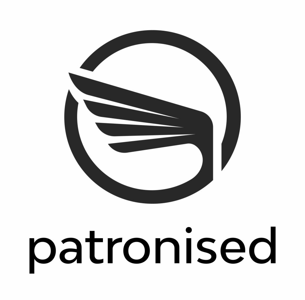 Czarno-białe logo z stylizowanym skrzydłem w okręgu i napisem 'patronised' poniżej.