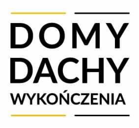 Logo firmy budowlanej: DOMY DACHY WYKOŃCZENIA, z poziomymi liniami w kolorze czarnym i złotym nad i pod tekstem.