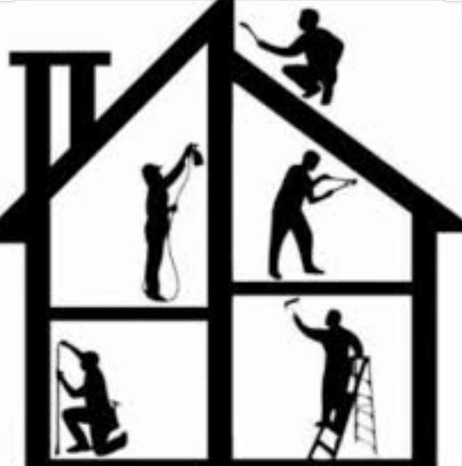 Sylwetki malarzy podczas pracy wewnątrz domu, przedstawione w formie graficznej ilustracji.