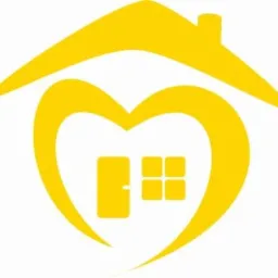 Żółty symbol domu w kształcie serca z dachem i oknem, na białym tle.