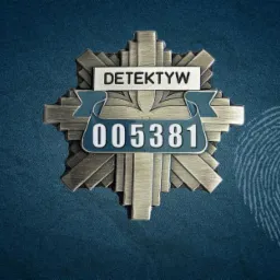 Metalowa odznaka detektywa z numerem 005381 na tle ciemnoniebieskiej tkaniny z odciskiem palca.