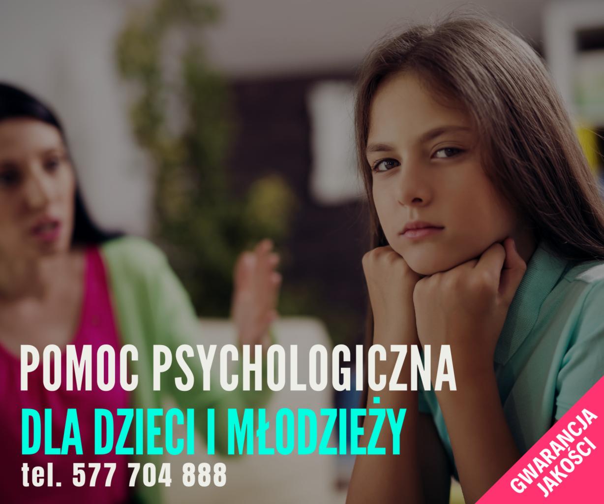 Zamyślona nastolatka z rękami pod brodą, w tle rozmawiająca kobieta, reklama pomocy dla dzieci i młodzieży.