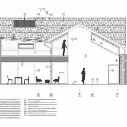 Przekrój pionowy budynku mieszkalnego z zaznaczonymi elementami konstrukcyjnymi, wykończeniowymi i instalacyjnymi, w tym stolarką okienną, kolektorami słonecznymi, rynnami i zadaszeniem.
