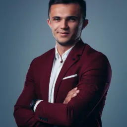 Młody mężczyzna w bordowej marynarce i białej koszuli, z zegarkiem na ręku, pozuje z założonymi rękami na tle szarego studia.