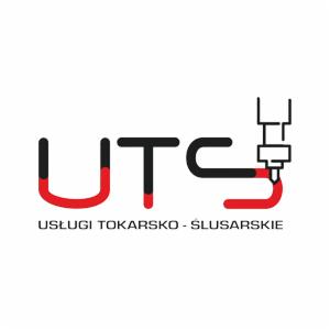 Logo firmy UTS z nazwą 'Usługi Tokarsko-Ślusarskie' w czarnym kolorze z czerwonymi akcentami oraz schematycznym przedstawieniem narzędzia skrawającego.