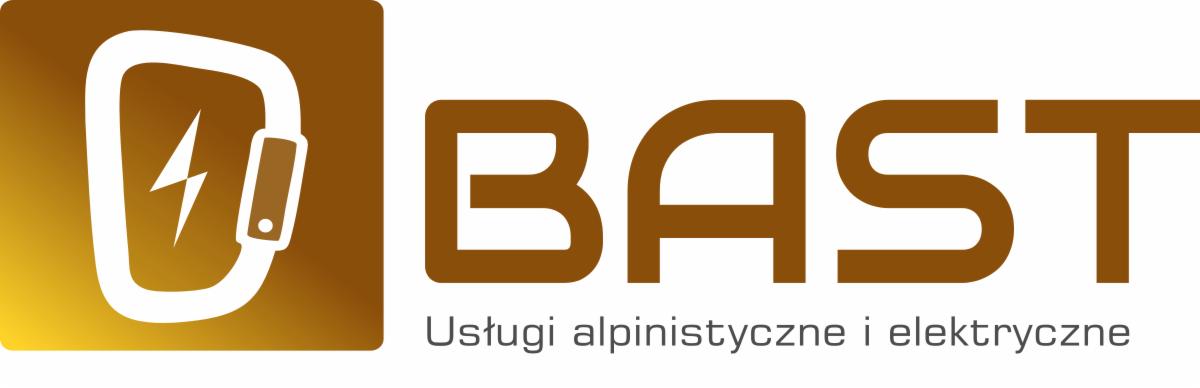 Logo firmy BAST świadczącej usługi alpinistyczne i elektryczne, z karabińczykiem i symbolem błyskawicy na złotym tle.