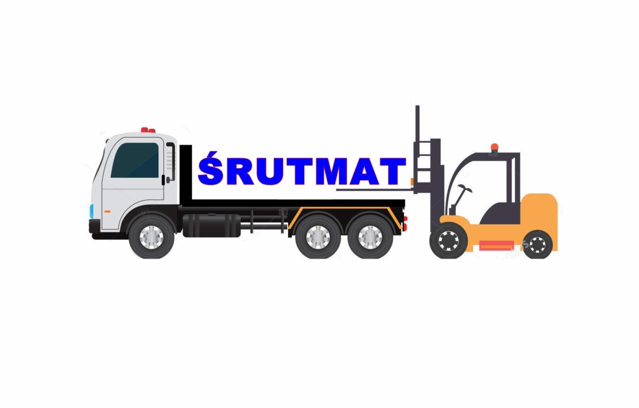 Grafika wektorowa przedstawiająca ciężarówkę z naczepą i wózkiem widłowym w kolorach białym, czarnym i pomarańczowym na białym tle. Na naczepie widnieje niebieski napis 'ŚRUTMAT'.