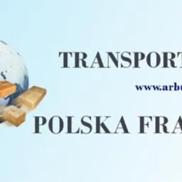 Grafika przedstawia globus z trzema paczkami, napis TRANSPORT, adres strony internetowej www.arbus.pl oraz napis POLSKA FRANCJA.