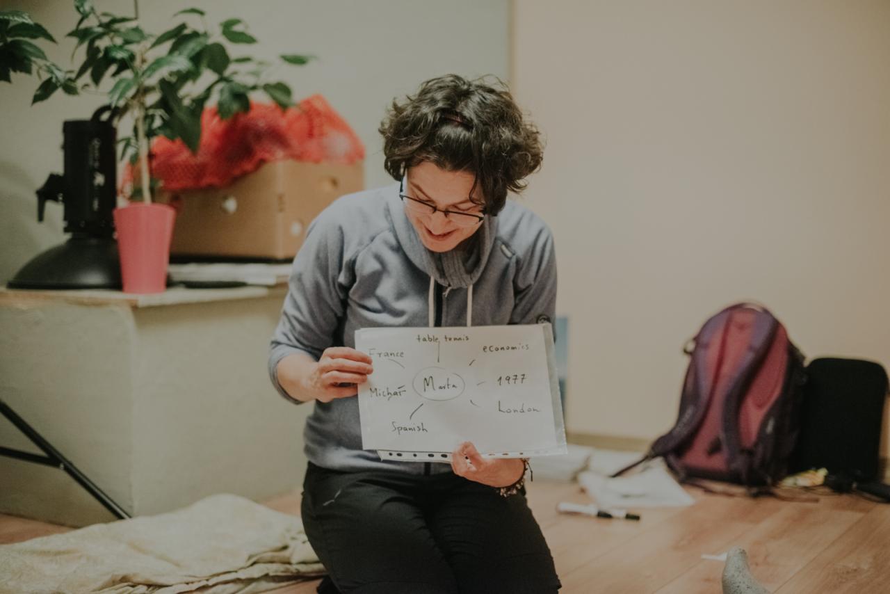 Kobieta w okularach prezentuje kartkę z odręcznym schematem powiązań słów: France, table tennis, economics, Michał, Marta, 1977, London, Spanish.