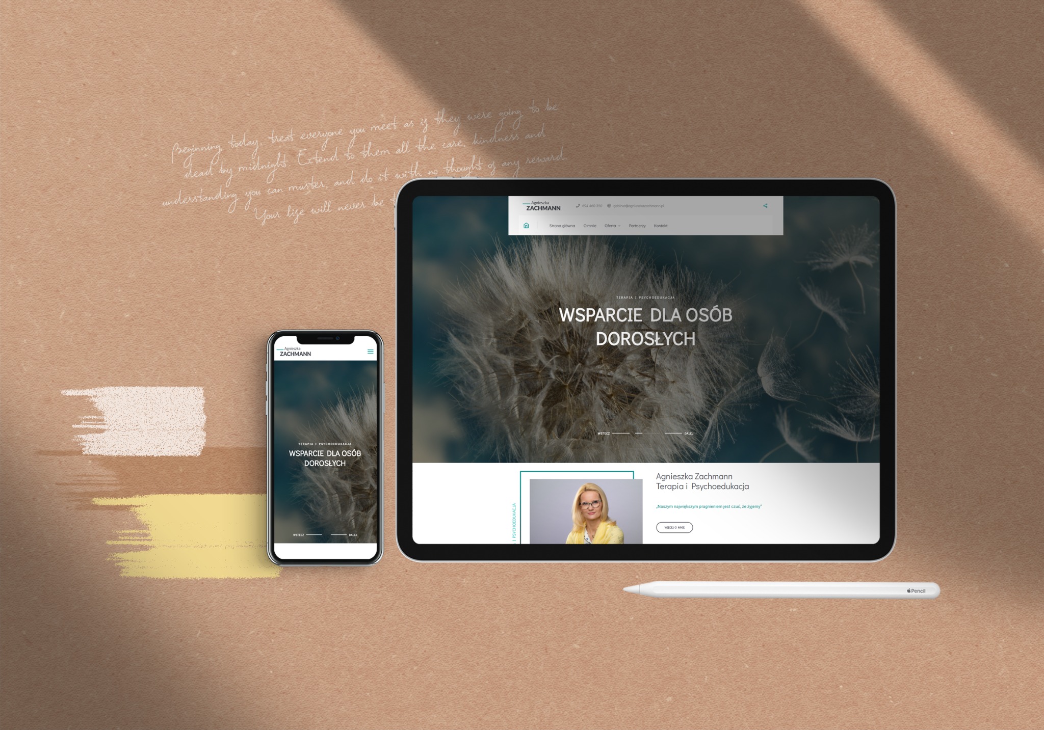 Prezentacja responsywnej strony internetowej na tablecie i smartfonie, dedykowanej wsparciu dla osób dorosłych, autorstwa Agnieszki Zachmann z Zalasewa, z uwzględnieniem spójnego projektu...