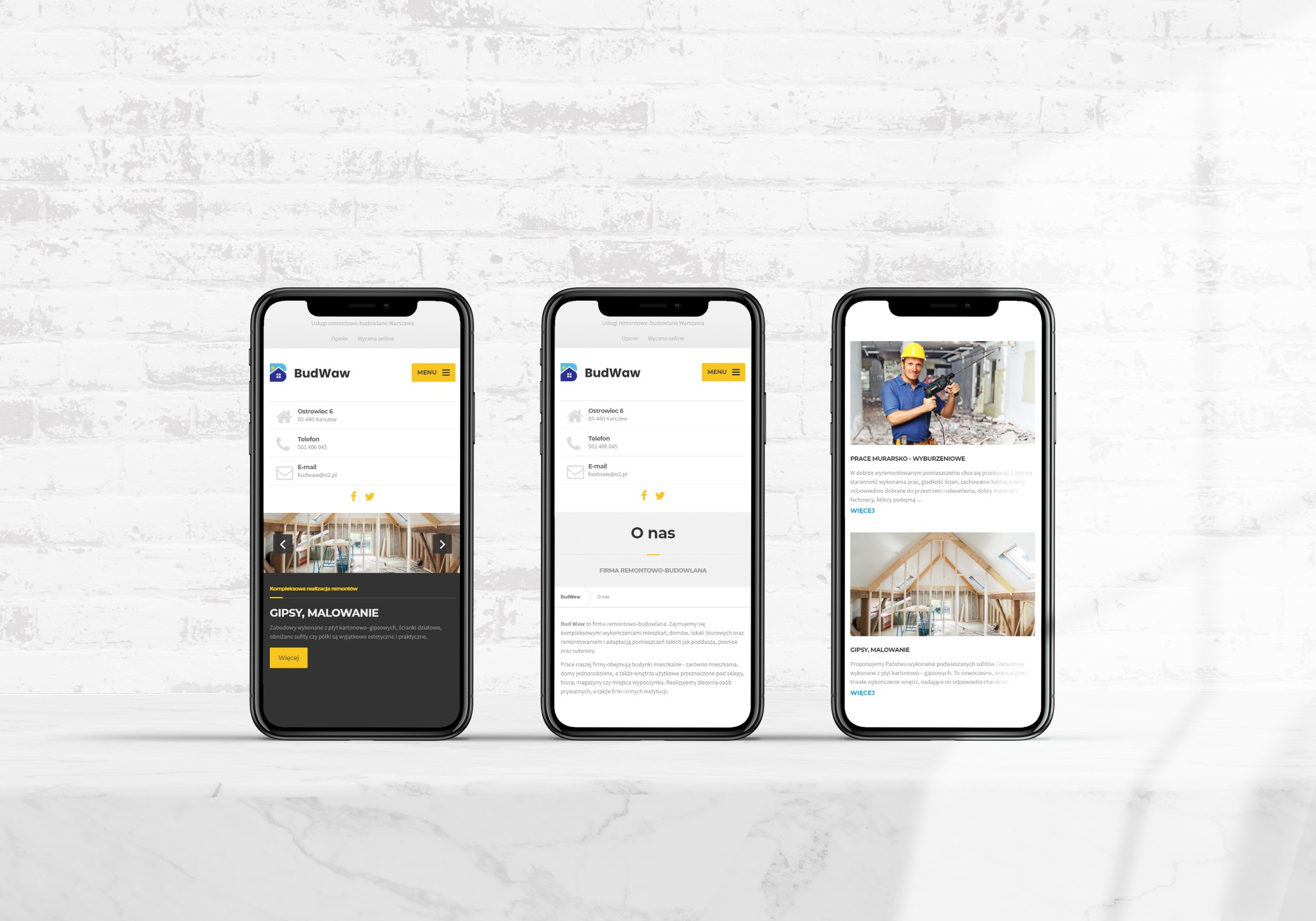 Trzy telefony prezentujące stronę internetową firmy remontowo-budowlanej BudWaw z informacjami kontaktowymi, ofertą oraz zdjęciami z realizacji. Strona responsywna, wyświetlana na urządzeniach...