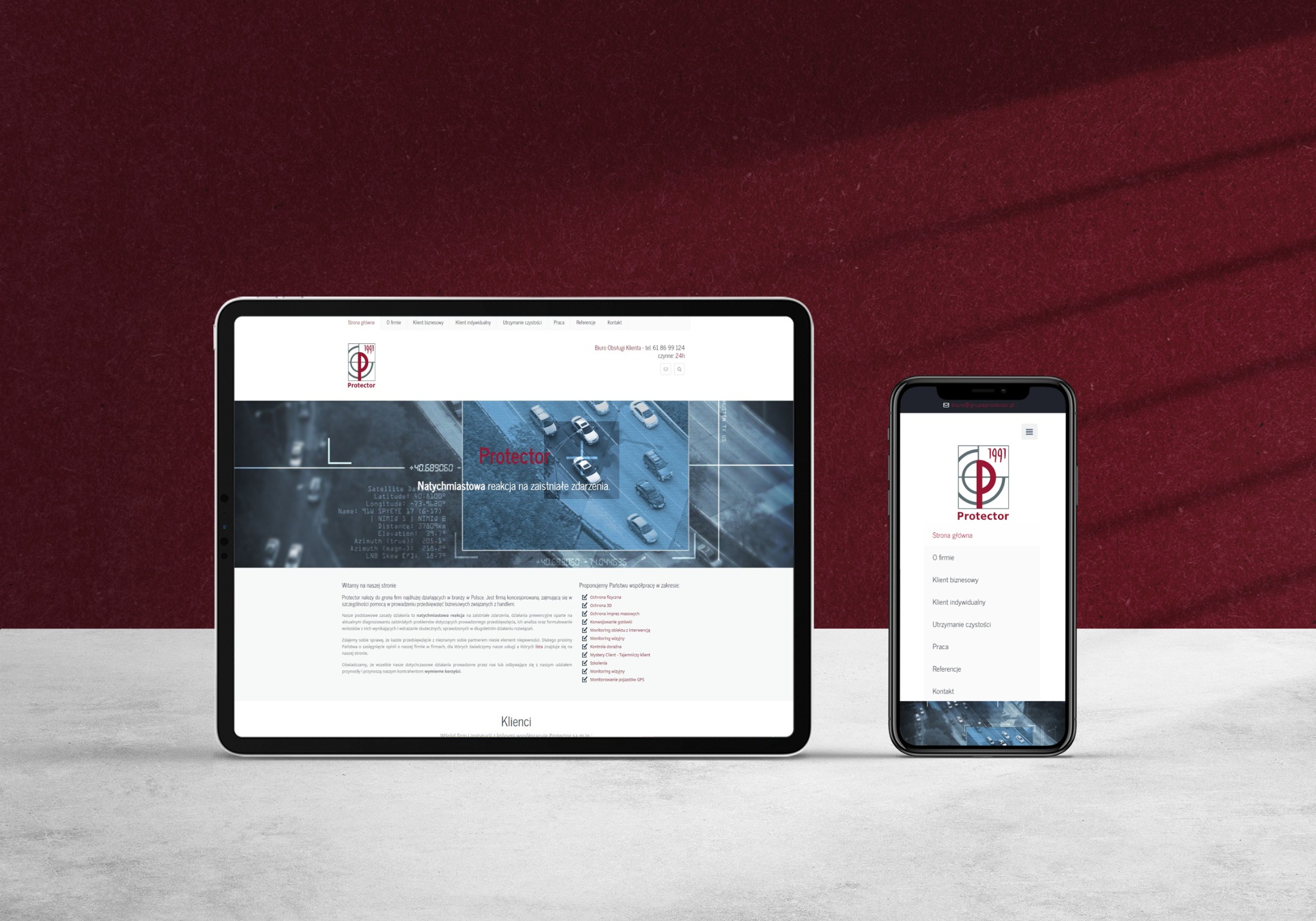 Responsywna strona internetowa firmy Protector na tablecie i smartfonie, prezentująca logo, menu i wizualizację natychmiastowej reakcji na zdarzenia z monitoringu GPS.