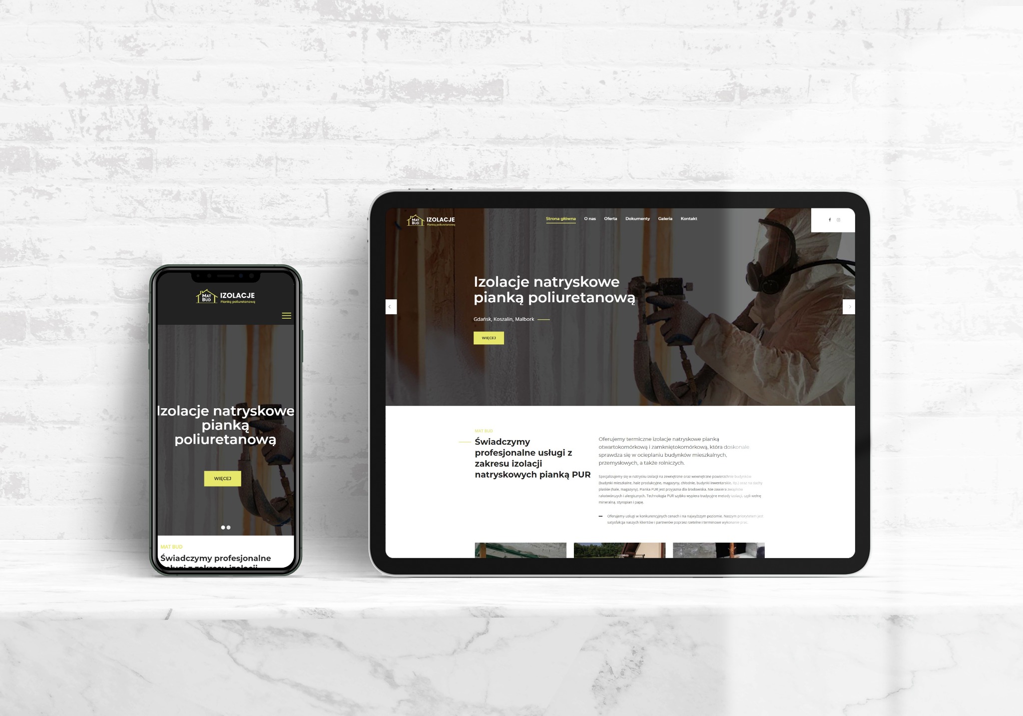Prezentacja responsywnej strony internetowej na tablecie i smartfonie, promującej izolacje natryskowe pianką poliuretanową, z widocznym motywem graficznym i logo firmy.
