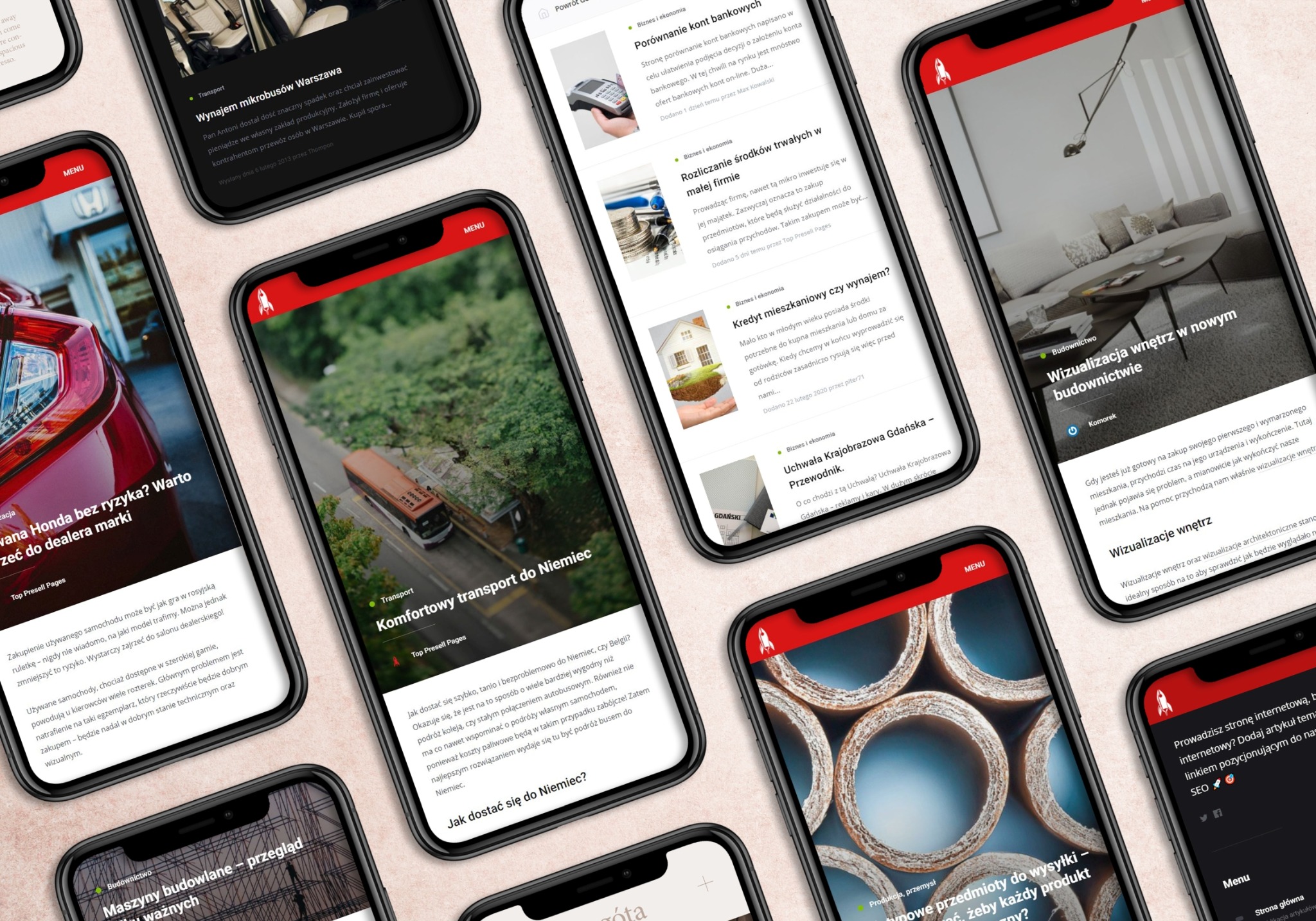 Ekrany smartfonów prezentujące artykuły z różnych kategorii, w tym transport, finanse, budownictwo i produkcję, wyświetlane w układzie mozaiki.
