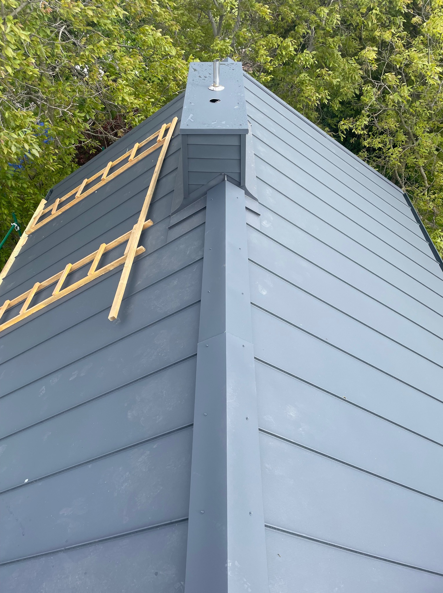 Szary dach z blachy na rąbek stojący z drabinką kominiarską w Dobrzycy. Nowoczesne pokrycie i detale wykończeniowe, widok z góry, drzewa w tle.