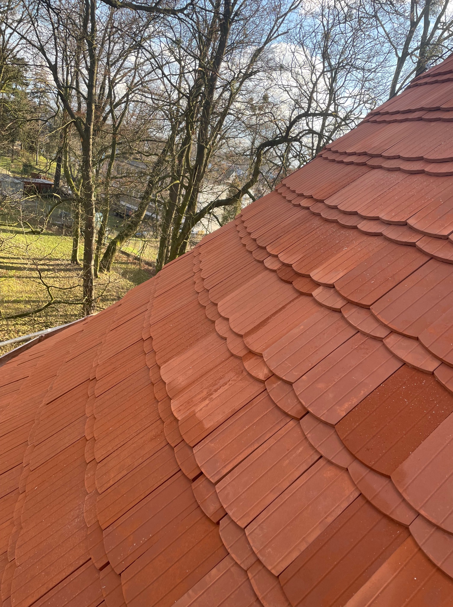Czerwona dachówka karpiówka, ułożona w łuskę, z widokiem na drzewa bez liści i fragment zielonego terenu w tle. Dach lekko zakrzywiony.
