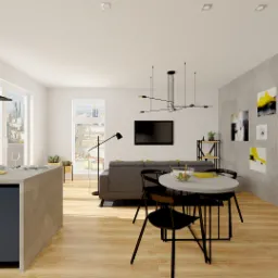 Wnętrze mieszkania z otwartą kuchnią, wyspą z szarymi szafkami, stołem z czarnymi krzesłami, szarą sofą i regałem na książki przy betonowej ścianie z dekoracjami.