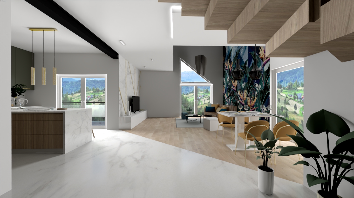 Wizualizacja przestronnego, nowoczesnego wnętrza z otwartą kuchnią, jadalnią i salonem. Marmurowe podłogi przechodzą w drewniane, a duże okna z widokiem na góry w tle doświetlają pomieszczenie.