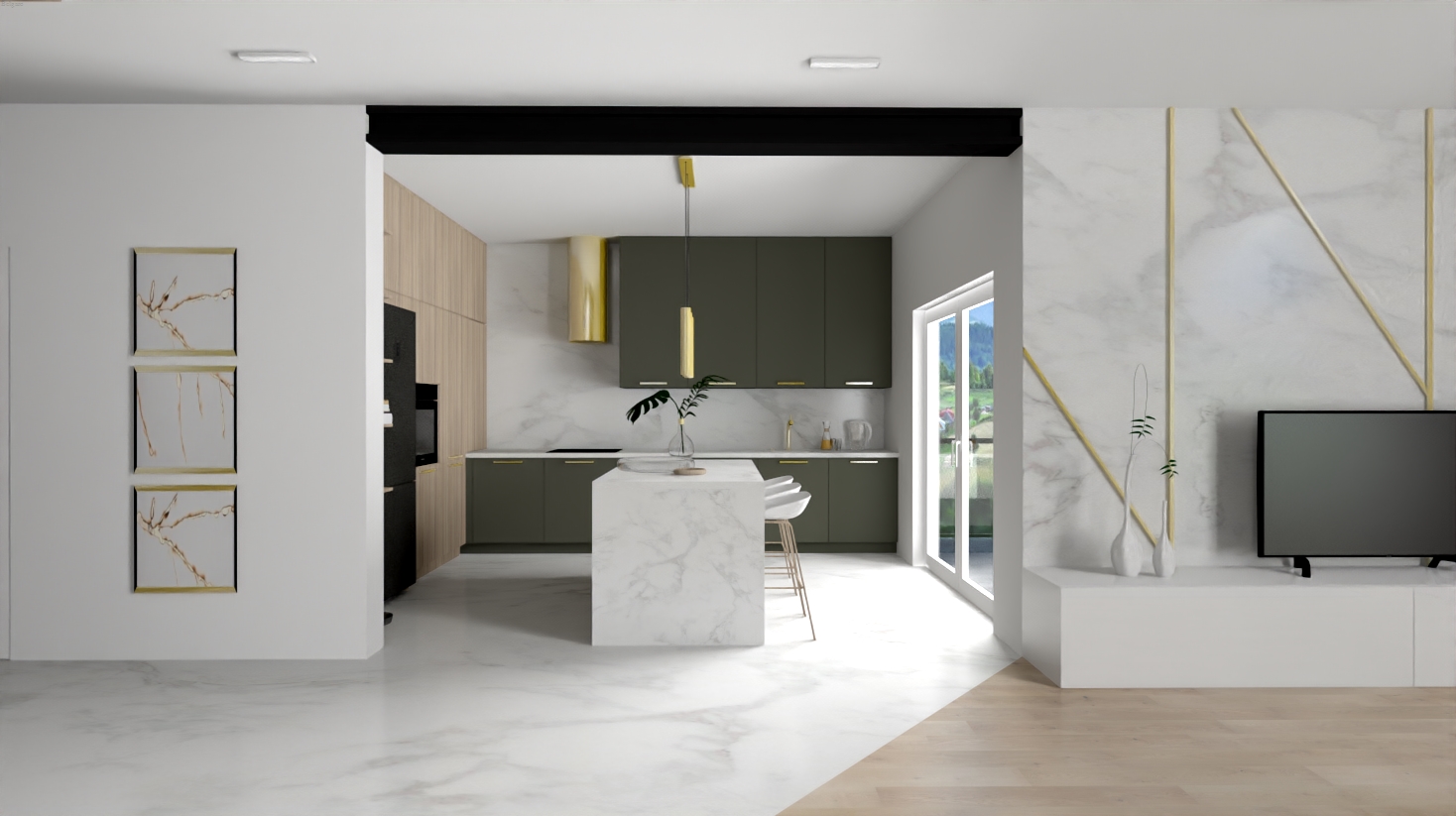 Wnętrze nowoczesnej kuchni z wyspą z białego marmuru, wykończonej w odcieniach szarości i złota, z elementami dekoracyjnymi na ścianie i podłodze z marmuru.