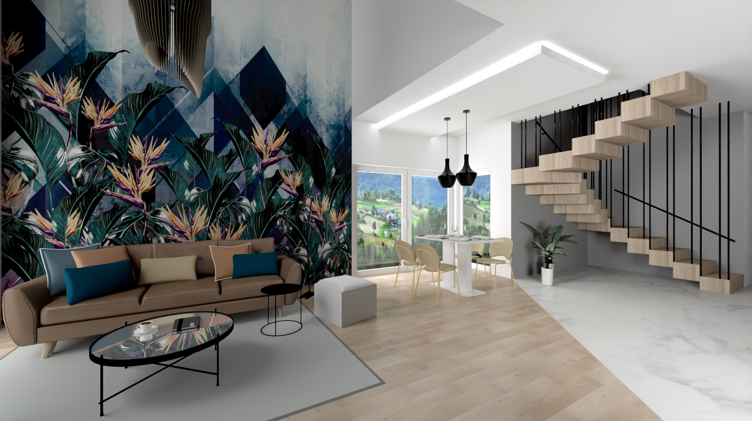 Wizualizacja salonu z tapetą w motywy roślinne, brązową sofą z kolorowymi poduszkami, owalnym stolikiem kawowym, białym pufem, jadalnią z białym stołem i beżowymi krzesłami, schodami z drewnianymi...