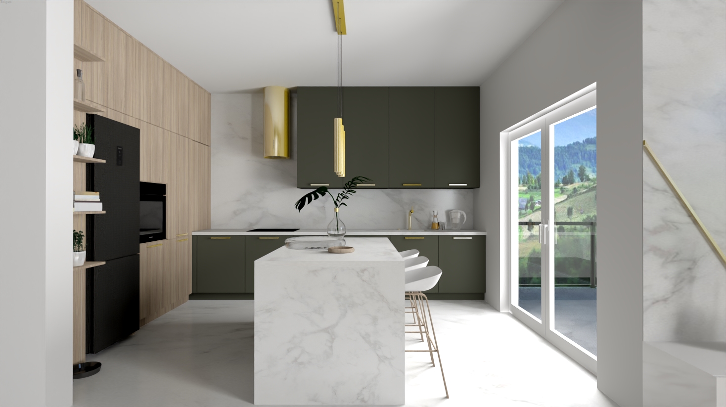 Wizualizacja nowoczesnej kuchni z wyspą o marmurowym wykończeniu, fronty szafek w odcieniach oliwkowej zieleni i beżu, złote akcenty w postaci uchwytów i lampy, widok na zewnątrz przez duże okno.