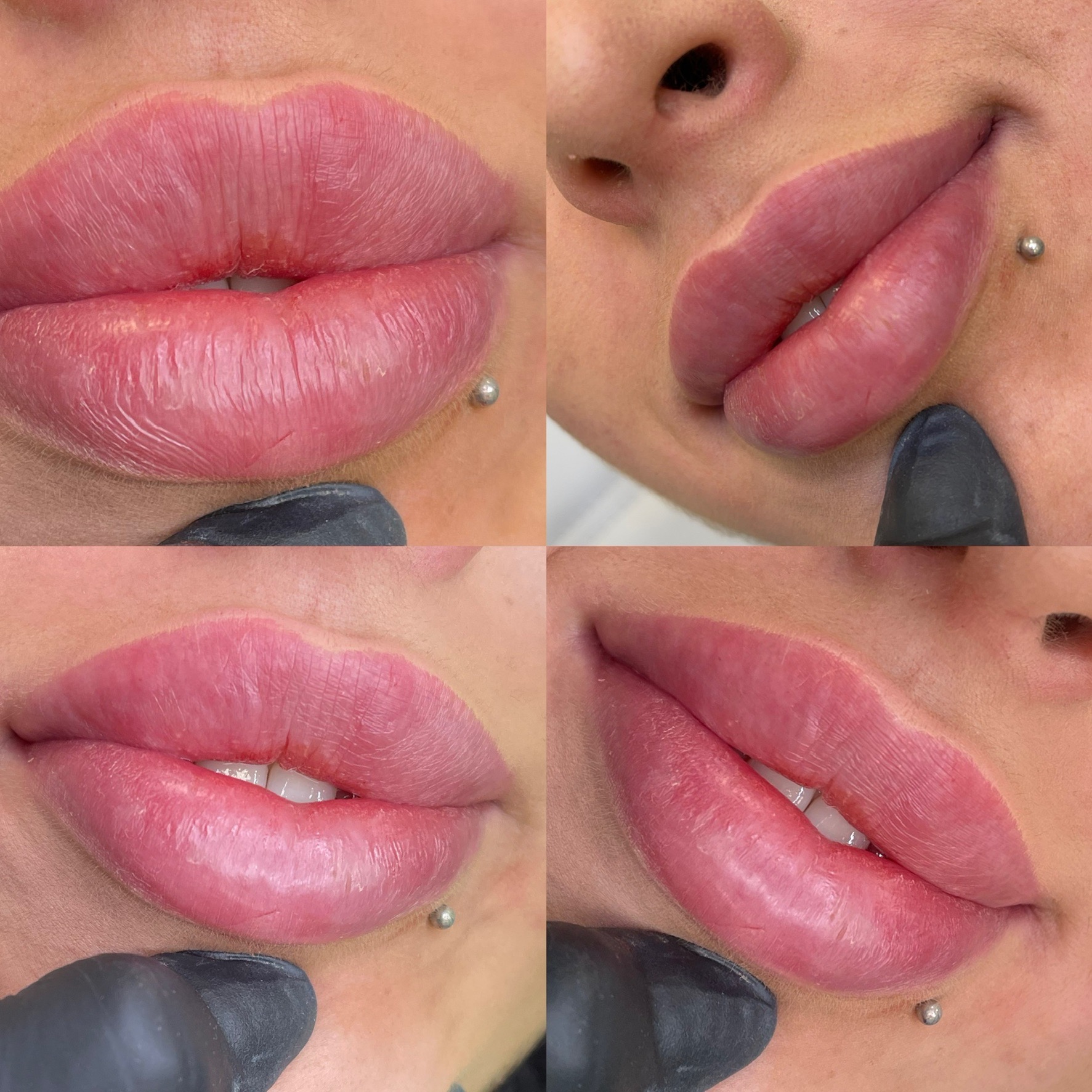 Cztery zbliżenia na usta klientki po zabiegu makijażu permanentnego, ukazujące precyzyjnie zarysowany kontur i naturalny odcień różu, z widocznym piercingiem nad górną wargą.