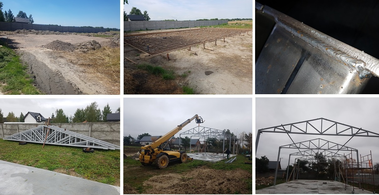 Budowa garażu (hali) oraz wykonanie konstrukcji stalowej 8.4x16.4m pod płytę warstwowa.