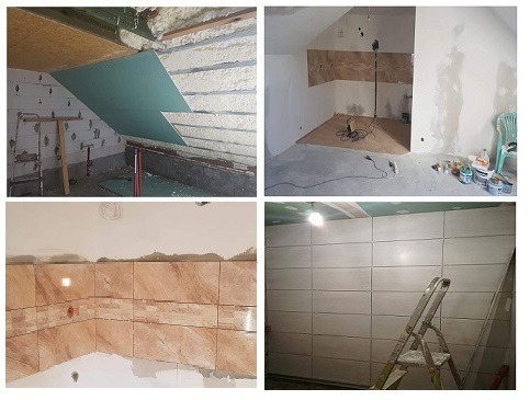 Kompozycja czterech zdjęć przedstawiających wnętrza w trakcie remontu: poddasze z izolacją i płytami gipsowo-kartonowymi, pokój ze ścianami przygotowanymi do malowania, kuchnia z częściowo...