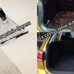 Porównanie: czyszczenie dywanu odkurzaczem piorącym i bagażnika samochodu przed i po sprzątaniu. Dywan w trakcie czyszczenia, widoczna piana. Bagażnik z liśćmi i brudem przed i czysty po.