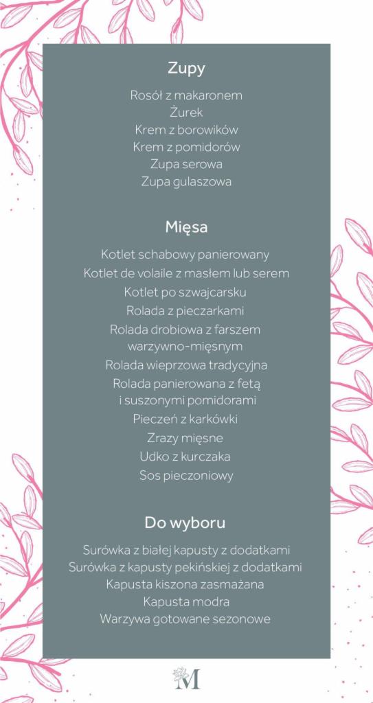 Eleganckie menu cateringowe z listą dań: zupy, mięsa i surówki, prezentowane na szarym tle z delikatnym, różowym motywem roślinnym.